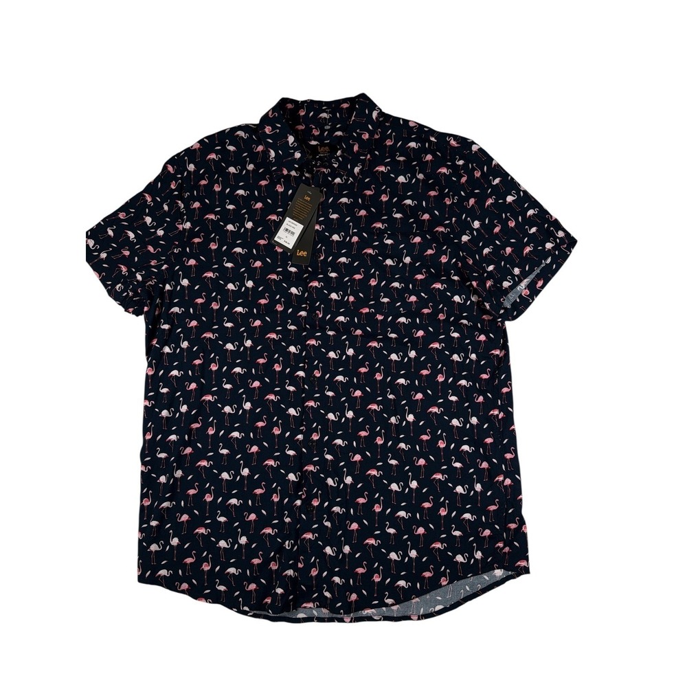 Flamingo‎ Print Button Up Shirt Mens XL Navy Short Sleeve Tropical Lee